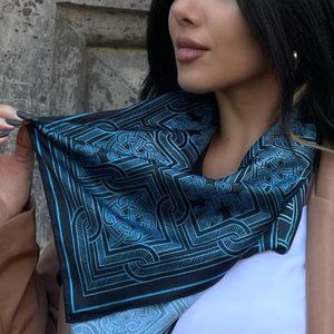 SILK SCARF, Armenian Ornament, Black & Blue detailed ornaments, Women's scarf